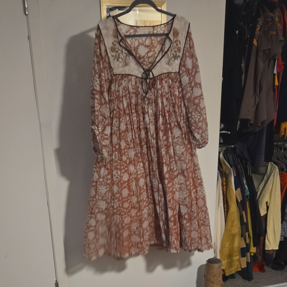 Daughters of India Rust and Cream Long Sleeve Dress